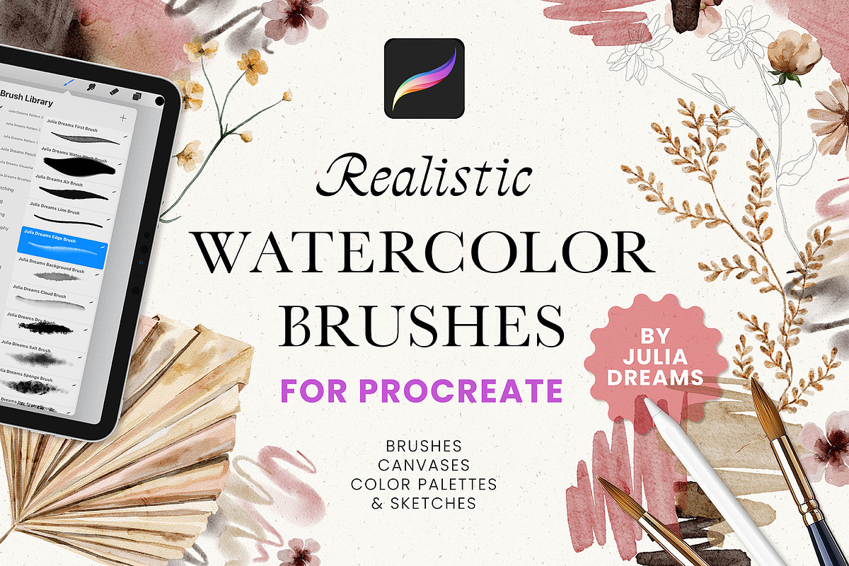 Real Watercolor Procreate Brushes, a Brush Add-On by Julia Dreams (Photo 1 of 11)