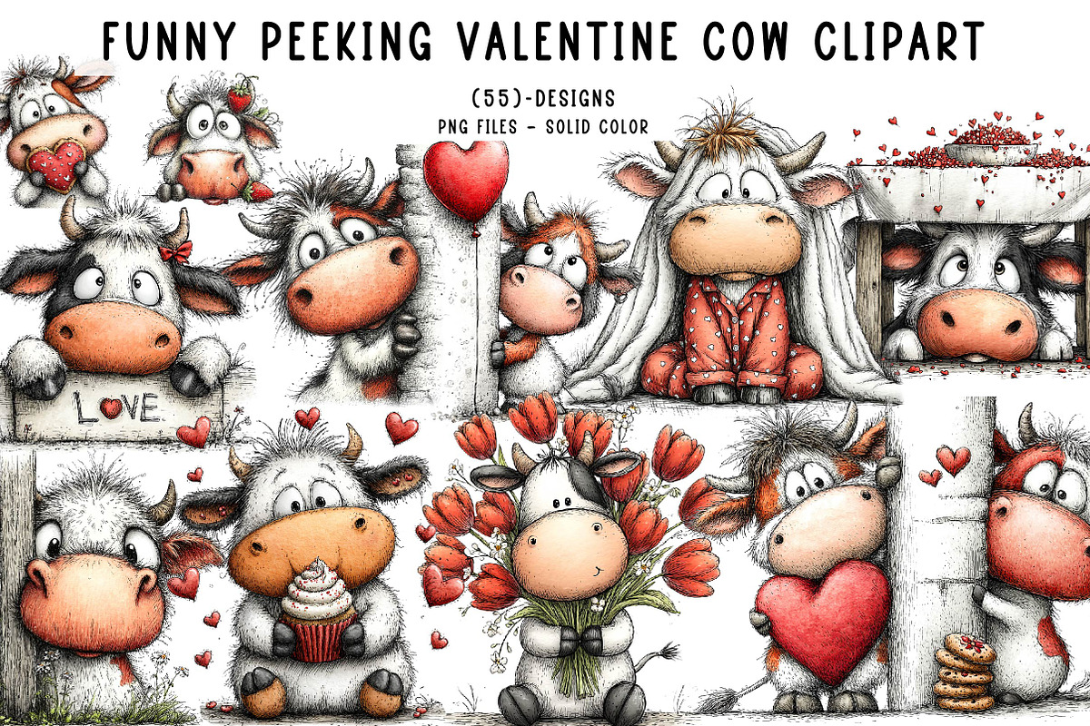 funny peeking valentine cow clipart, an Illustration by CreationArt (Photo 1 of 7)