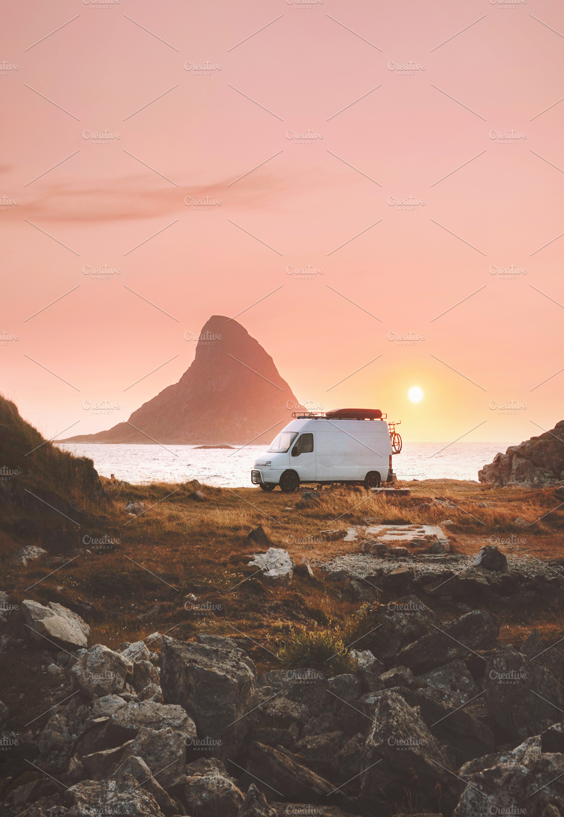 Van car camper at sunset ocean beach road trip in Norway caravan RV trailer tra, a Person Photo by e v e r s t