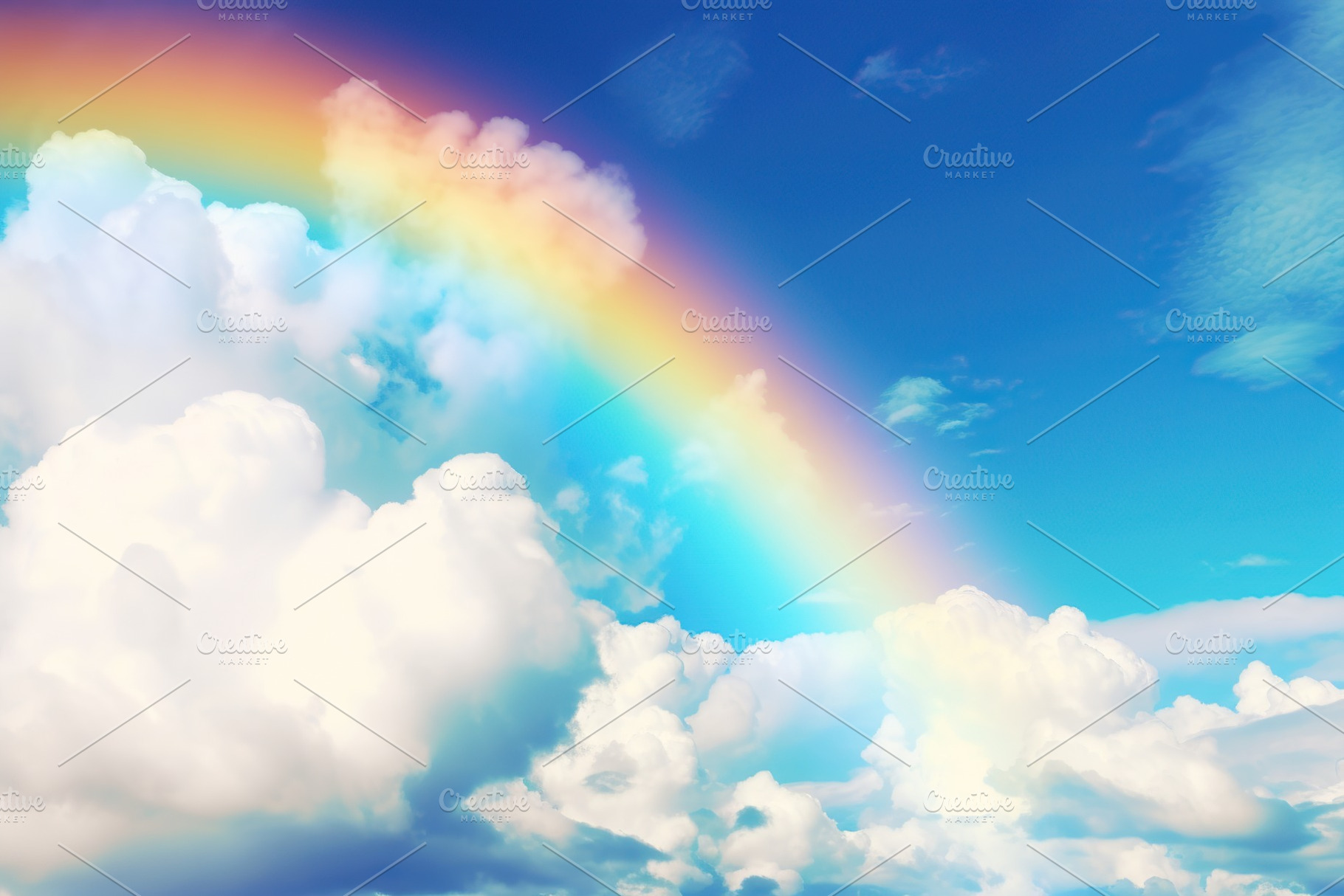 Beautiful sky with colorful rainbow and white clouds. Generative AI, a Nature Photo by AlyaAnd