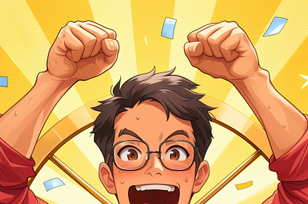 Excited Young Man Celebrating a Big Win with a Golden Background, an Illustration by AS photostudio