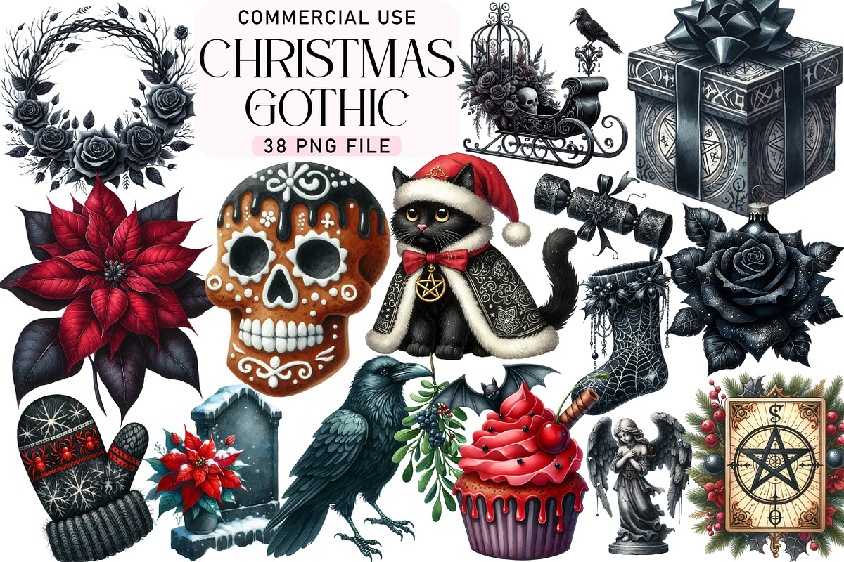 Gothic Christmas Watercolor Clipart, an Illustration by Daily.Designs (Photo 1 of 4)