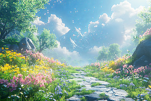 Pathway Through Blooming Floral Field Leading Towards Majestic Mountain Peaks, an Illustration by AS photostudio