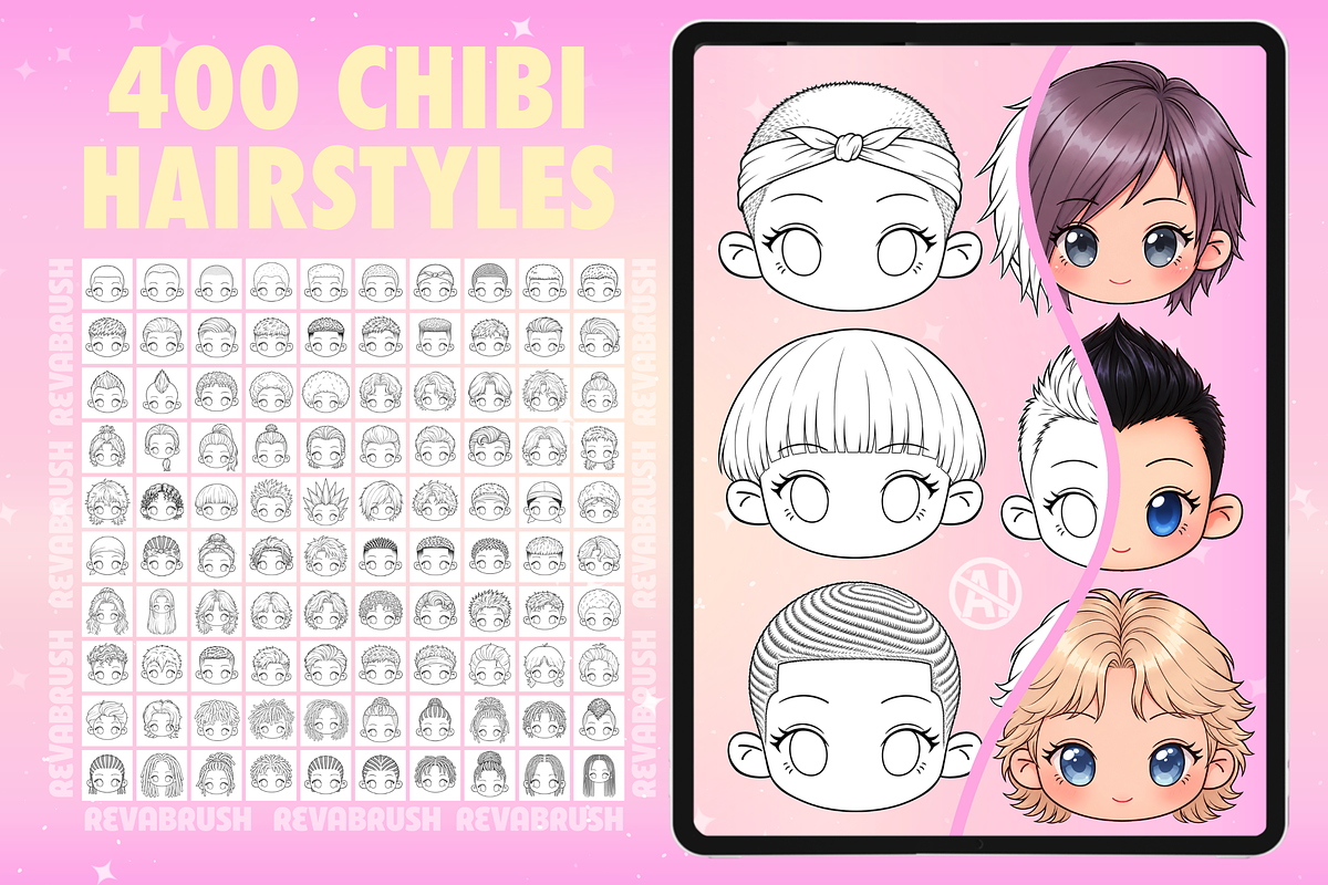 Procreate Chibi Hairstyles brushes, a Brush Add-On by Revabrush (Photo 9 of 16)
