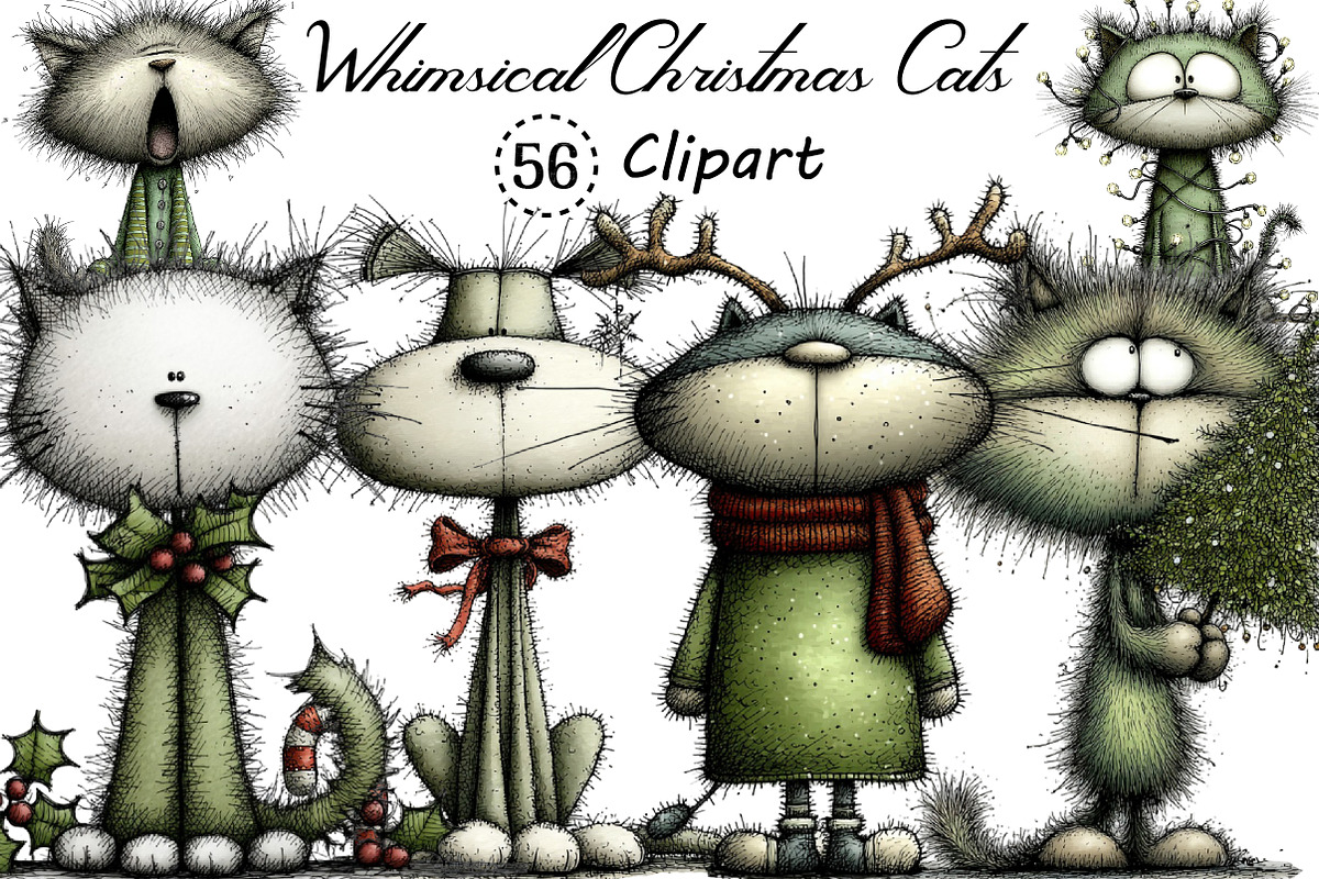 Whimsical Christmas Cats Clipart, an Illustration by Creative Art (Photo 1 of 14)