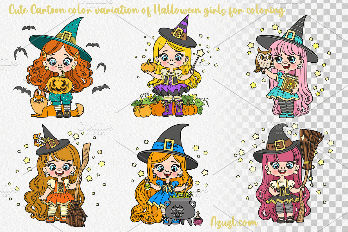 Cute cartoon Halloween witch girls, an Illustration by Azuzlikus (Photo 3 of 4)