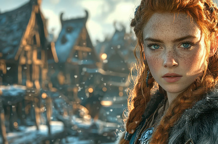 Close-up portrait of a red-haired woman with intense blue eyes, wearing a fur s, a Person Photo by Mashimara