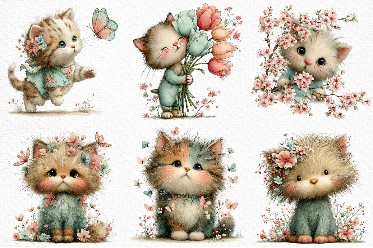 Whimsical Spring Cat Clipart PNG, an Illustration by Craft Nest (Photo 3 of 12)