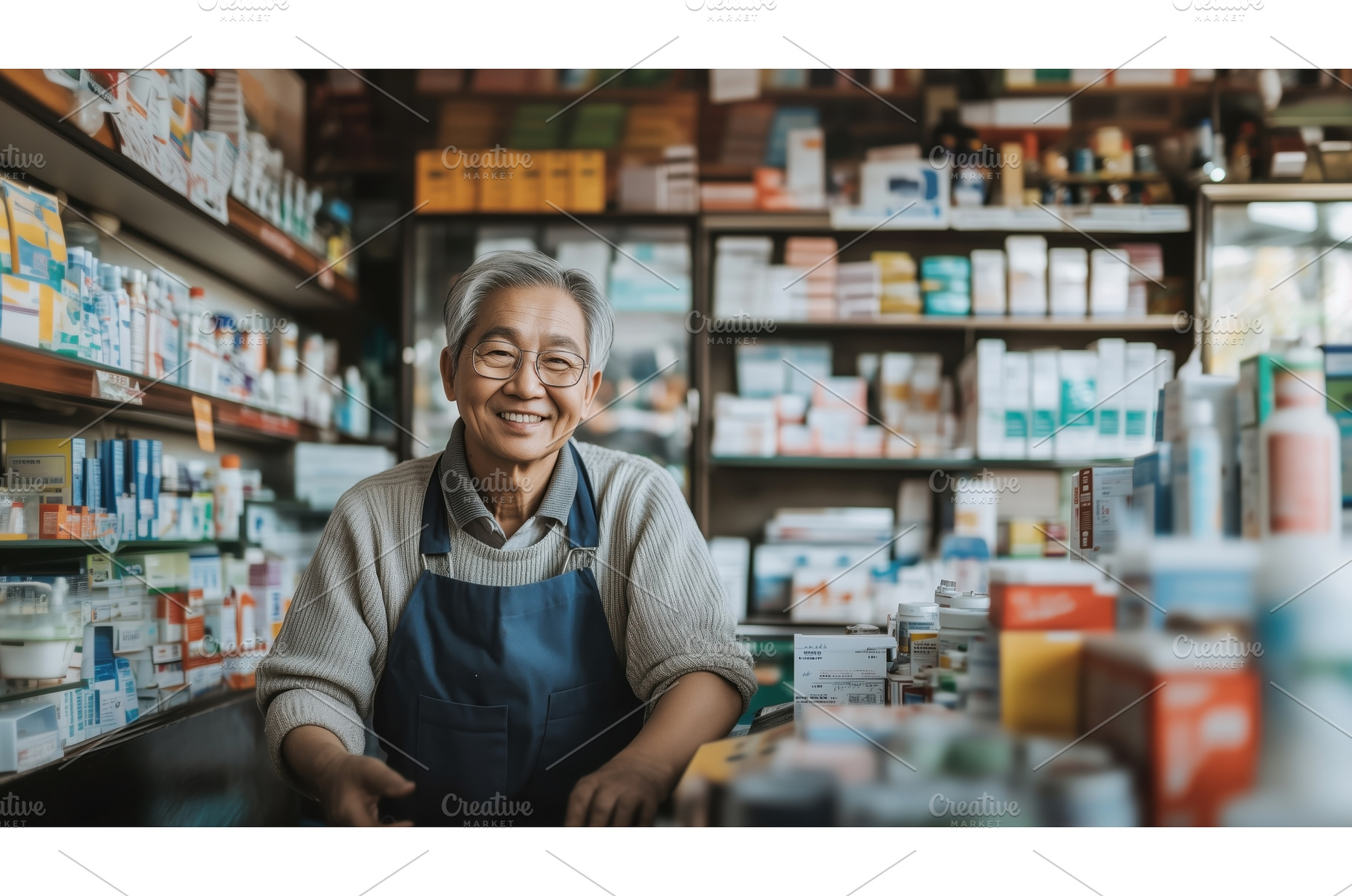 Older Asian pharmacist with glasses, a Health & Medical Photo by Sergey Kotenev
