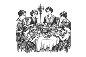 family dinner around table engraving, a Person Illustration by AlexArt