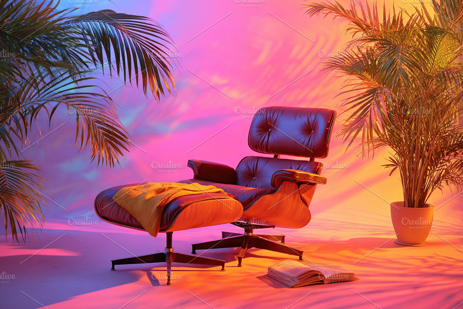 Cozy chair with blanket inviting relaxation amidst colorful lighting and green, a Photo by AlyaAnd