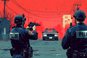 Police officers aiming at a suspect in a dramatic urban environment, an Illustration by AS photostudio