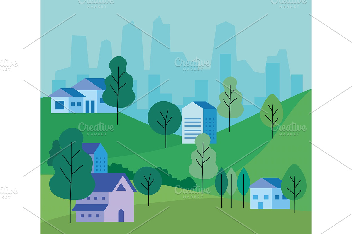 City landscape with houses and trees, an Illustration by studiogstock