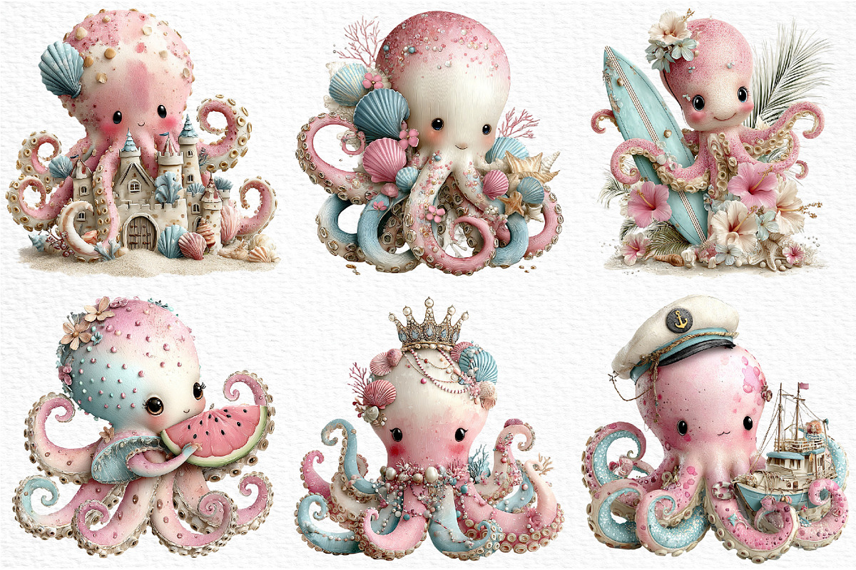 Whimsical Summer Octopus Clipart, an Illustration by Craft Nest (Photo 4 of 6)