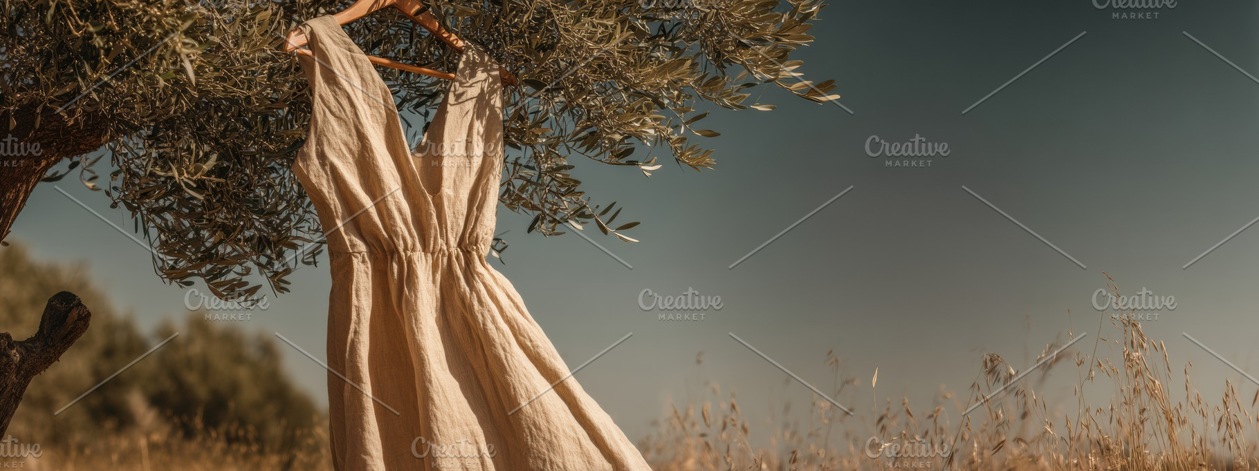 Hanging linen dress on olive tree, a Beauty & Fashion Photo by Virgo Studio
