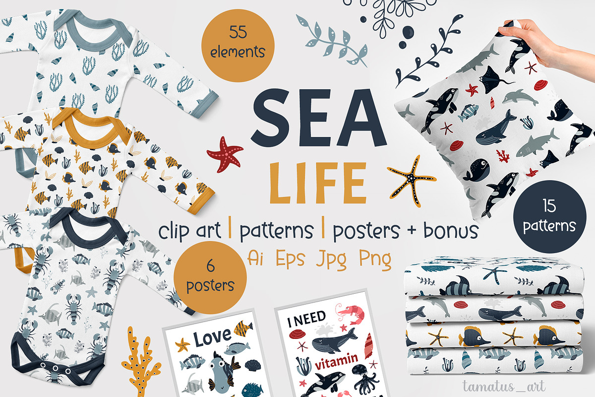 Sea Life clipart & pattern, an Animal Illustration by tamatus_art (Photo 1 of 9)