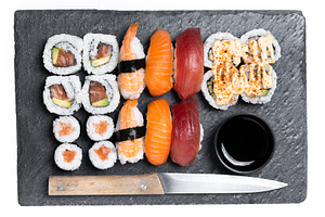 Assorted sushi platter with nigiri and maki rolls, a Food & Drink Photo by etorres69