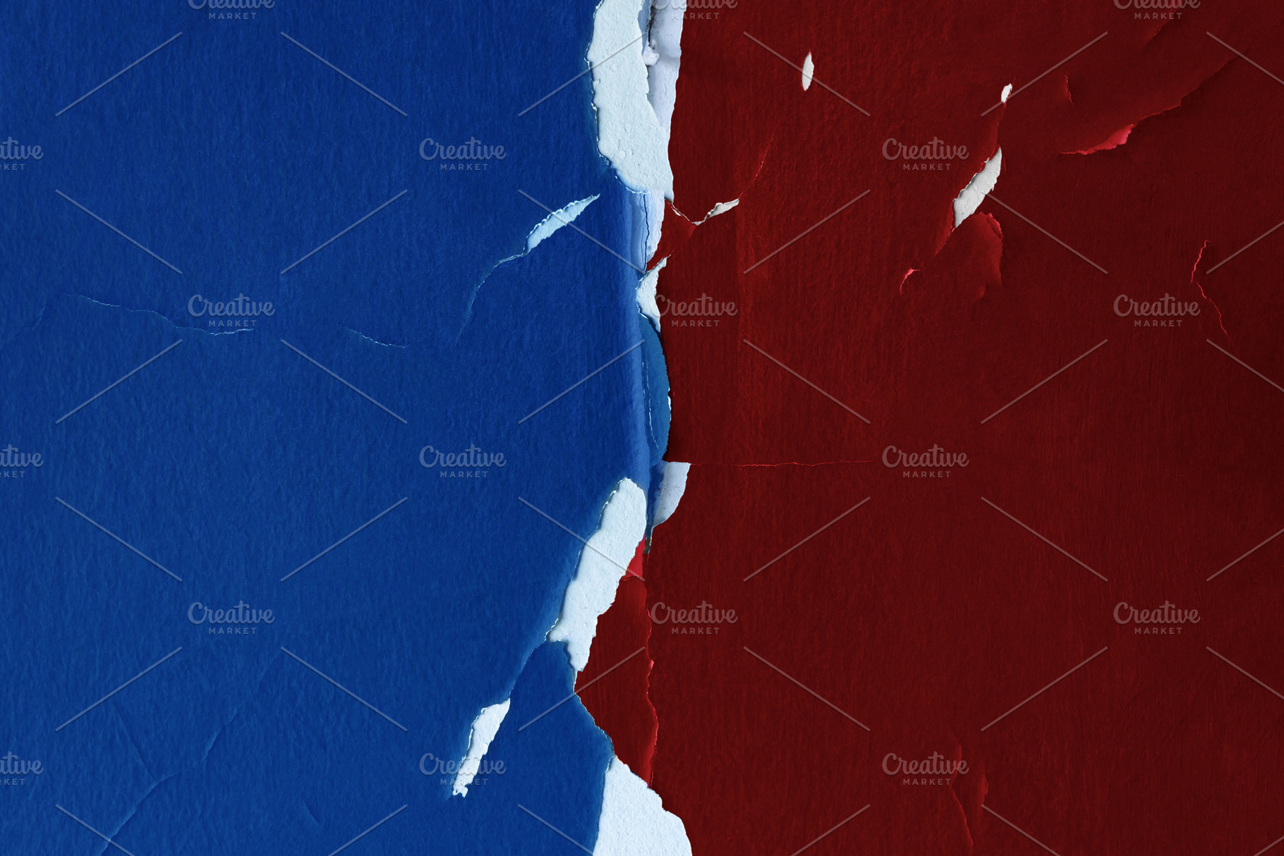 Torn blue and red wall surfaces reveal a white divide, geopoliti, a Photo by salmon.black