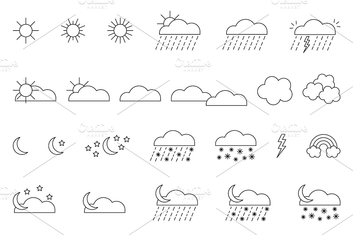 24 Vector Weather Icons Set Graphics, an Outline Icon by Wellington Cove Design (Photo 1 of 2)