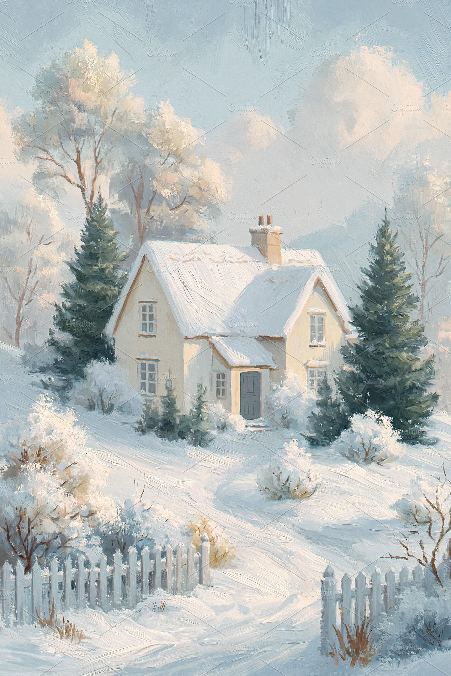 Cozy winter cottage on a snowy hill with pine trees and a picket, a Photo by Studio ANNA