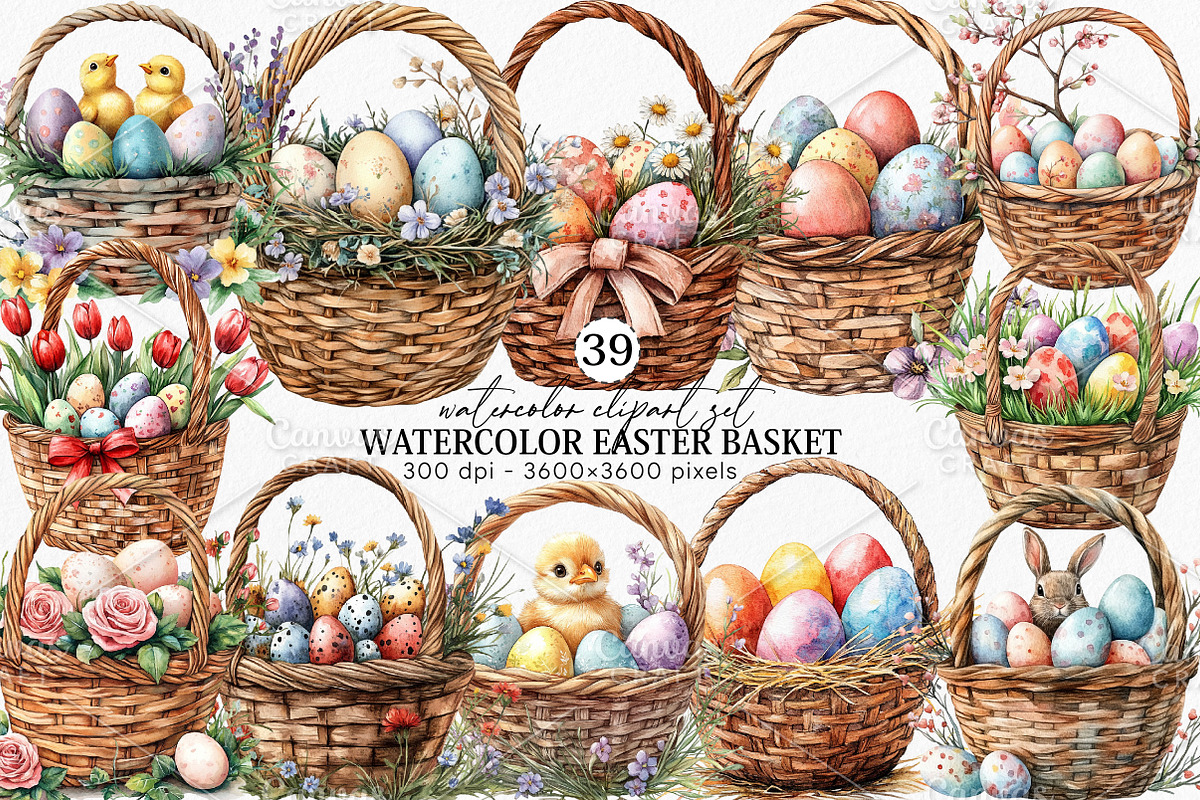 Watercolor Easter Basket Clipart PNG, an Illustration by Canvas Craft (Photo 1 of 7)
