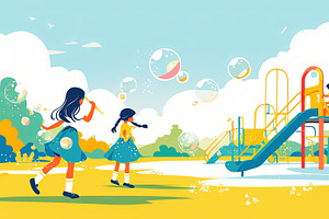 Young children playing with bubbles on a sunny playground day, an Illustration by AS photostudio