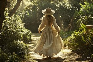 Woman walking in a sunlit garden, a Photo by Beautiful things