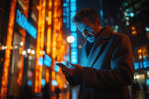Man using smartphone while standing, a Photo by Tanuart