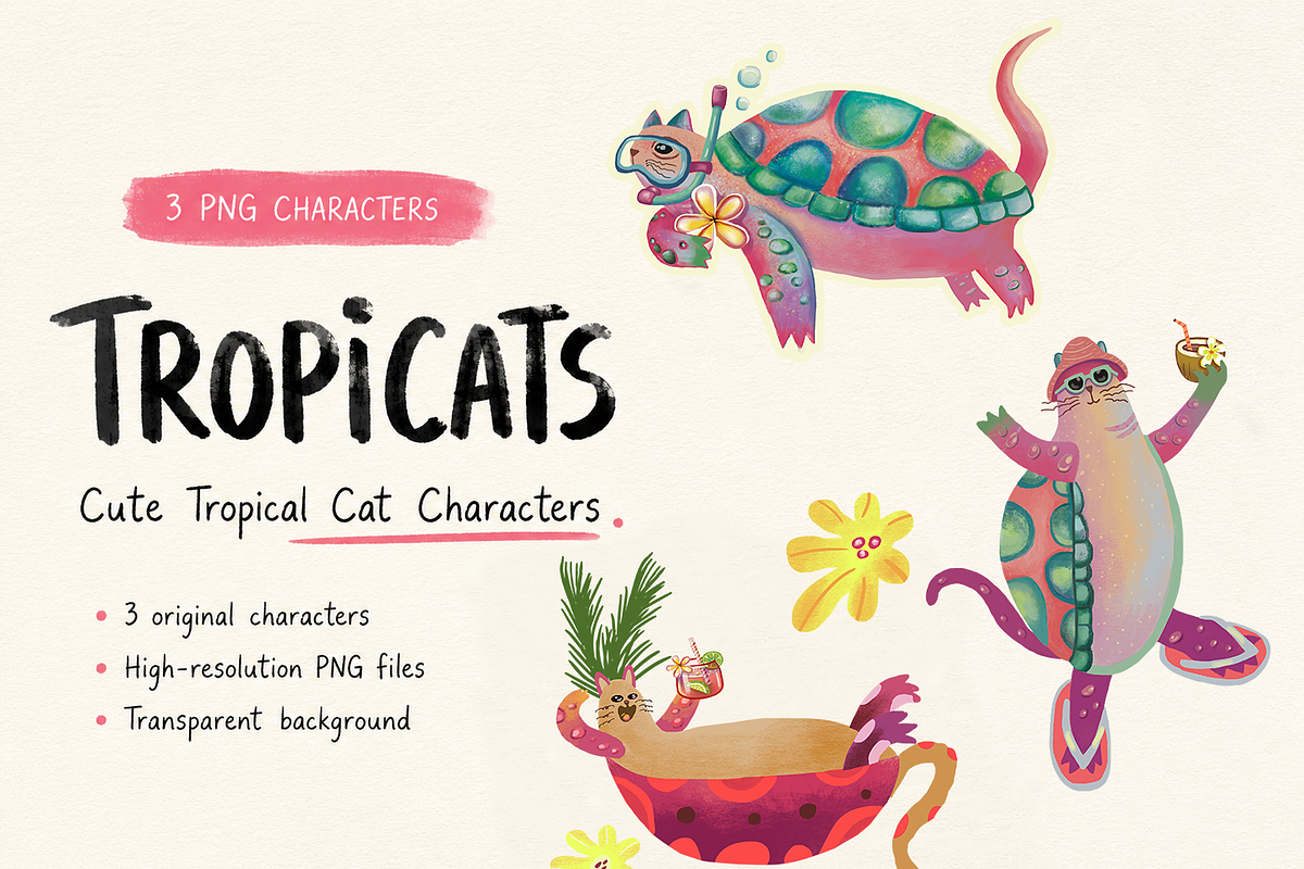 Tropical Cat Characters PNG, a Seasonal Illustration by FaliushViktoriaArtist (Photo 1 of 7)