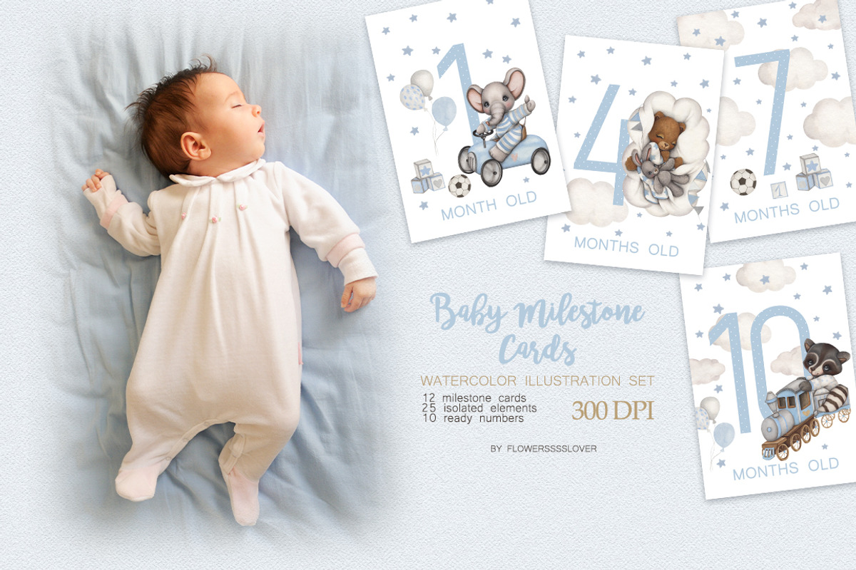 Watercolor Set Baby Milestone Cards, an Animal Illustration by ViktoriyaD (Photo 1 of 5)