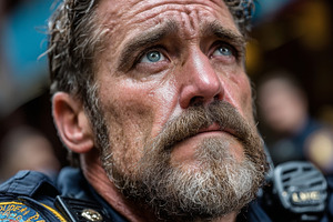 Close up portrait of a police officer in uniform showing emotion and determinat, a Photo by AS photostudio