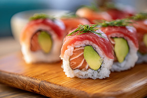 Sushi rolls on wood platter, a Photo by Beautiful things