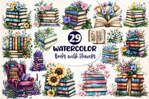 Pretty Books with Flowers Clipart, an Illustration by Dream Creation