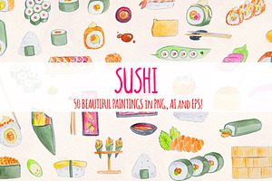 Sushi 50 Watercolour Handpainted Art, a Food Illustration by Violet LeBeaux