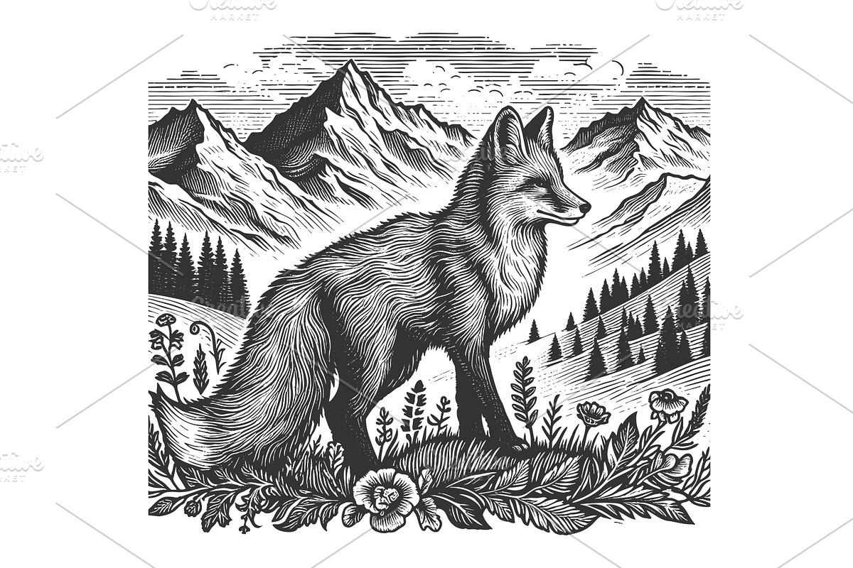 Fox in Alpine Mountain Landscape, an Animal Illustration by AlexArt