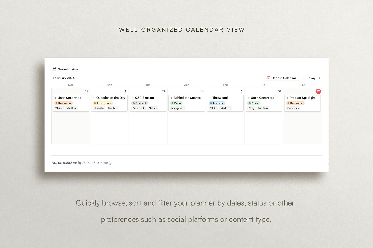 Notion Social Media Planner, a Social Media Template by Ruben Stom (Photo 4 of 7)