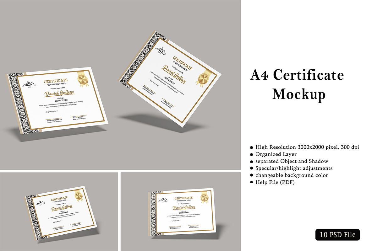 A4 Certificate Mockup, an Advertising Mockup by rizalamora (Photo 1 of 11)