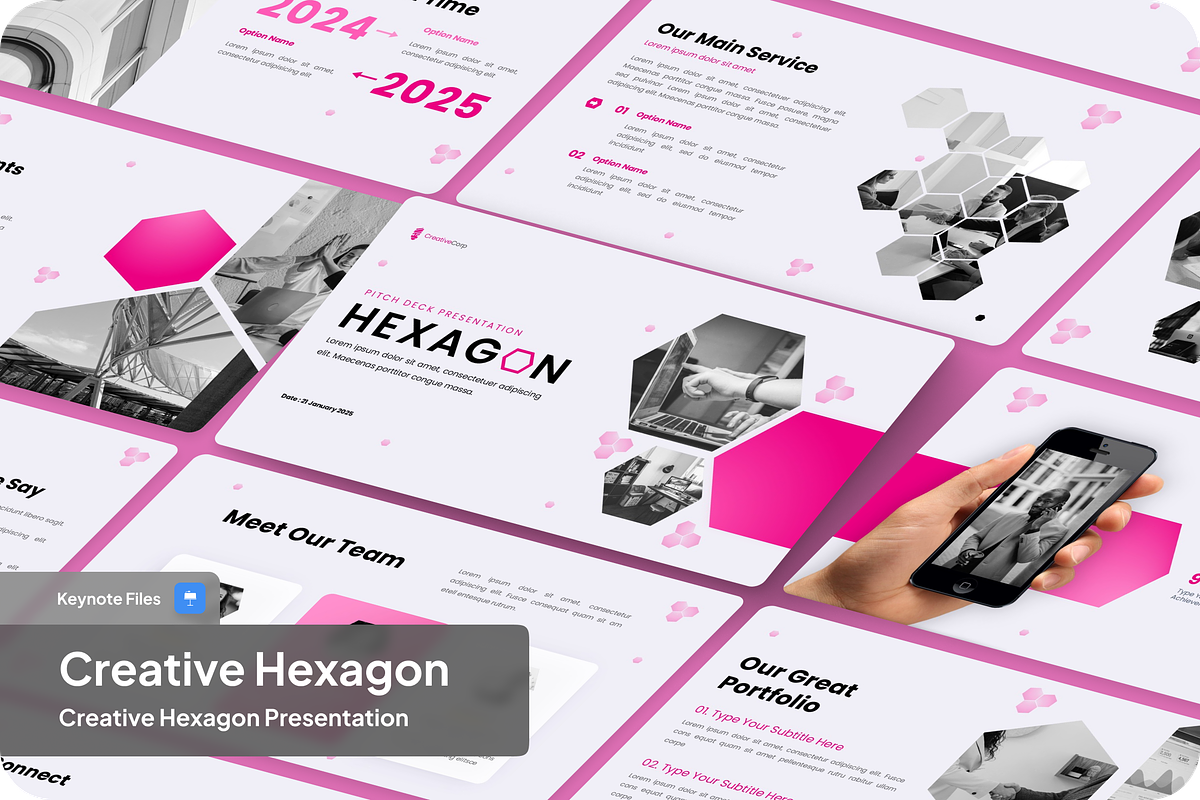 Creative Hexagon Pitch Deck Keynote, a Presentation Template by SquidPixey (Photo 1 of 6)