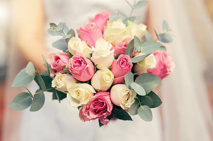 Bouquet, wedding and bride marriage celebration with natural roses, flowers and leaves zoom. Engagement, blossom and beautiful floral rose arrangement for elegant day of bridal woman., a Photo by Peopleimages.com