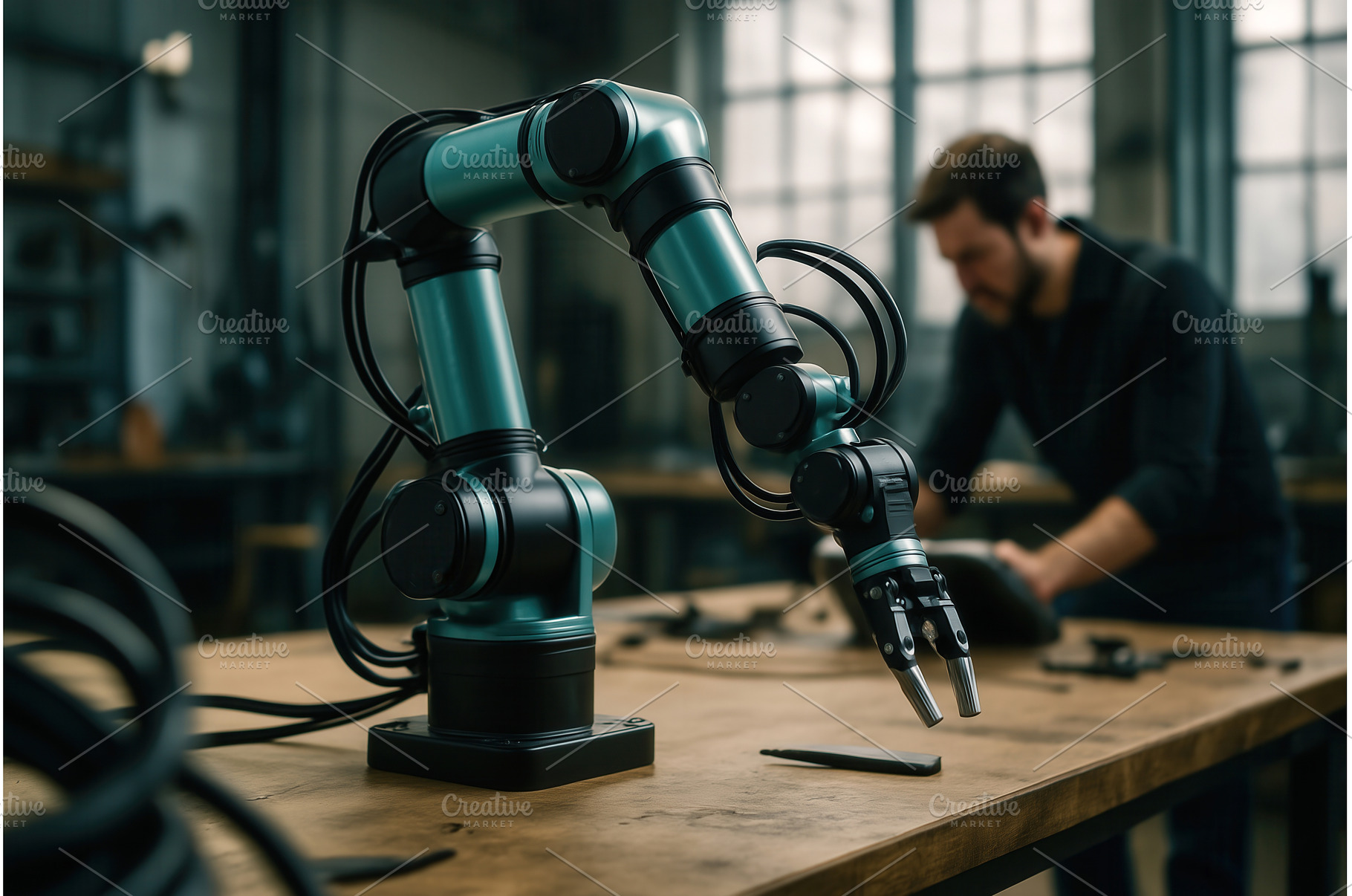 A robotic arm on a workbench with a, an Industrial Photo by Sergey Kotenev