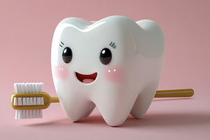Cute cartoon tooth character holding, a Photo by Tanuart