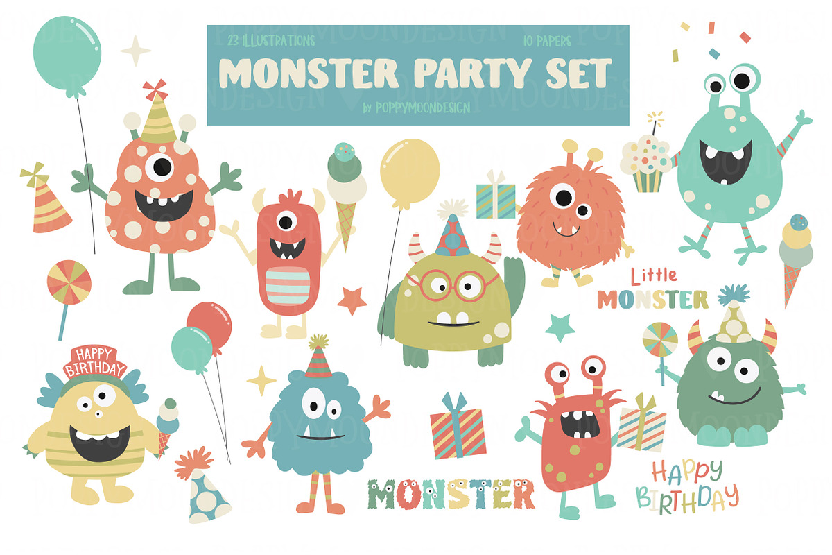 Monster party clipart & paper set, an Illustration by Poppymoondesign (Photo 1 of 5)