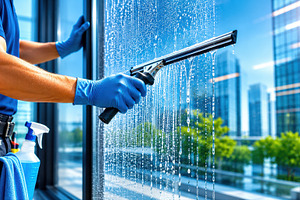 Window cleaning in a city building, a Photo by Beautiful things