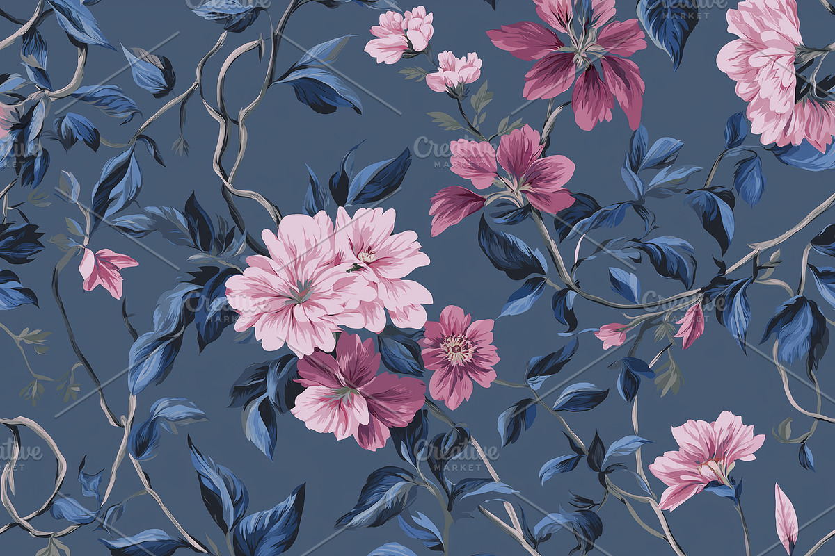 Seamless pattern, deep blue background with trailing floral patt, a Pattern Graphic by Studio ANNA