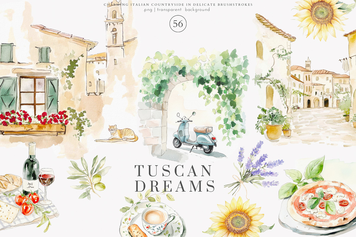 Tuscan clipart Italian watercolor, a Decorative Illustration by Patishop Art (Photo 2 of 11)