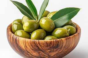 Green olives in wooden bowl with oli, a Food & Drink Photo by Pixeness Studio