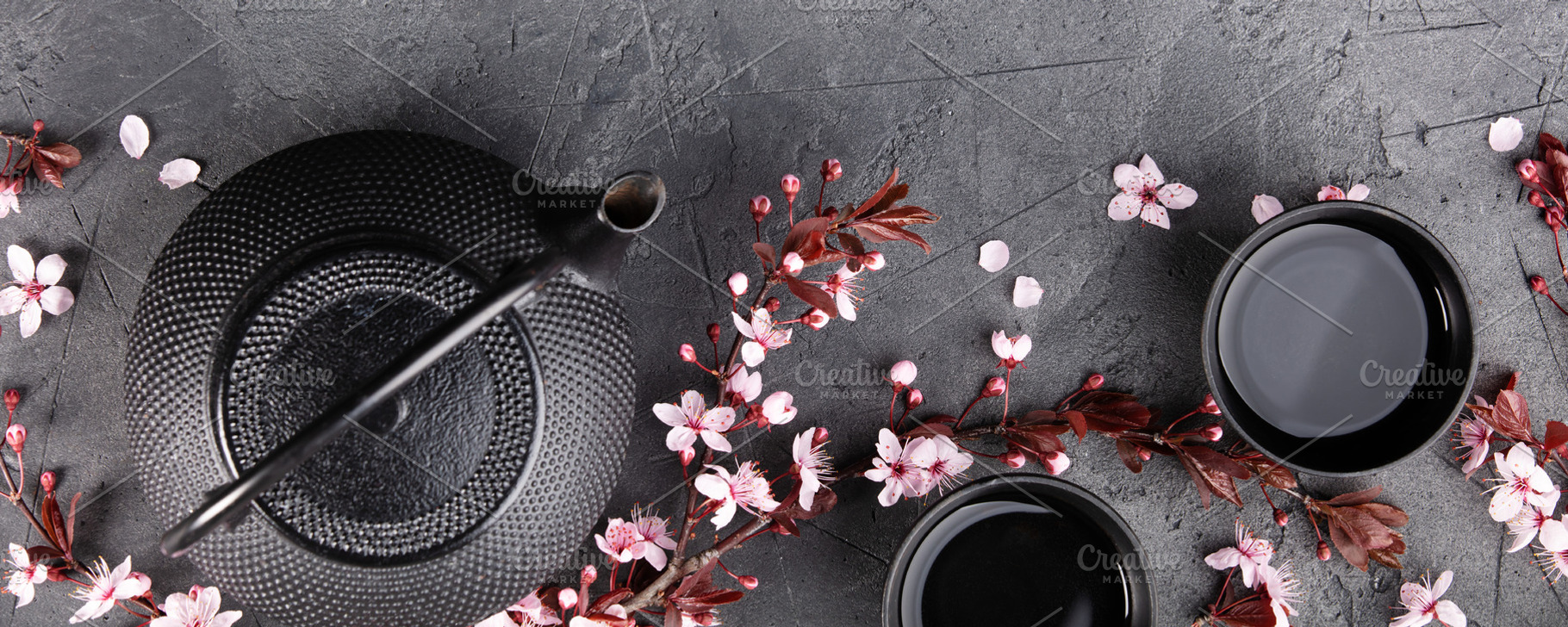 Japanese Tea Set with Cherry Blossoms on Dark Stone Background, a Food & Drink Photo by Natalia Klenova's Shop