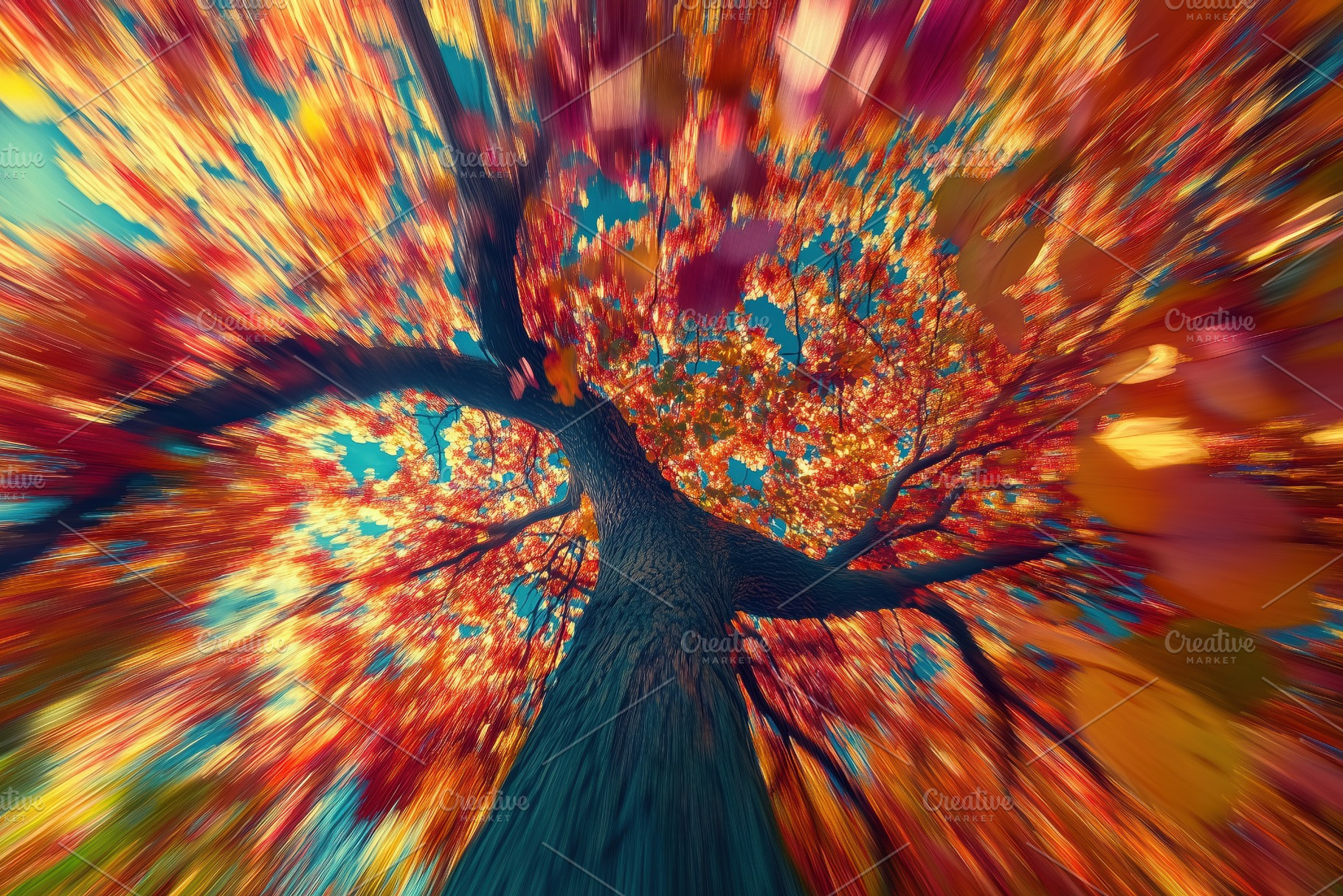 A vibrant autumn tree viewed from below, showcasing a burst of colorful leaves, a Photo by Textures & Backgrounds