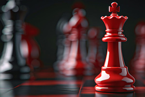 Red king chess piece standing out on black chessboard, symbolizi, a Photo by José Manuel Gelpi