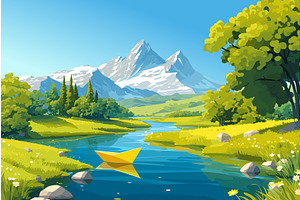 Cartoon paper boat on a stream in, an Illustration by LadadikArt